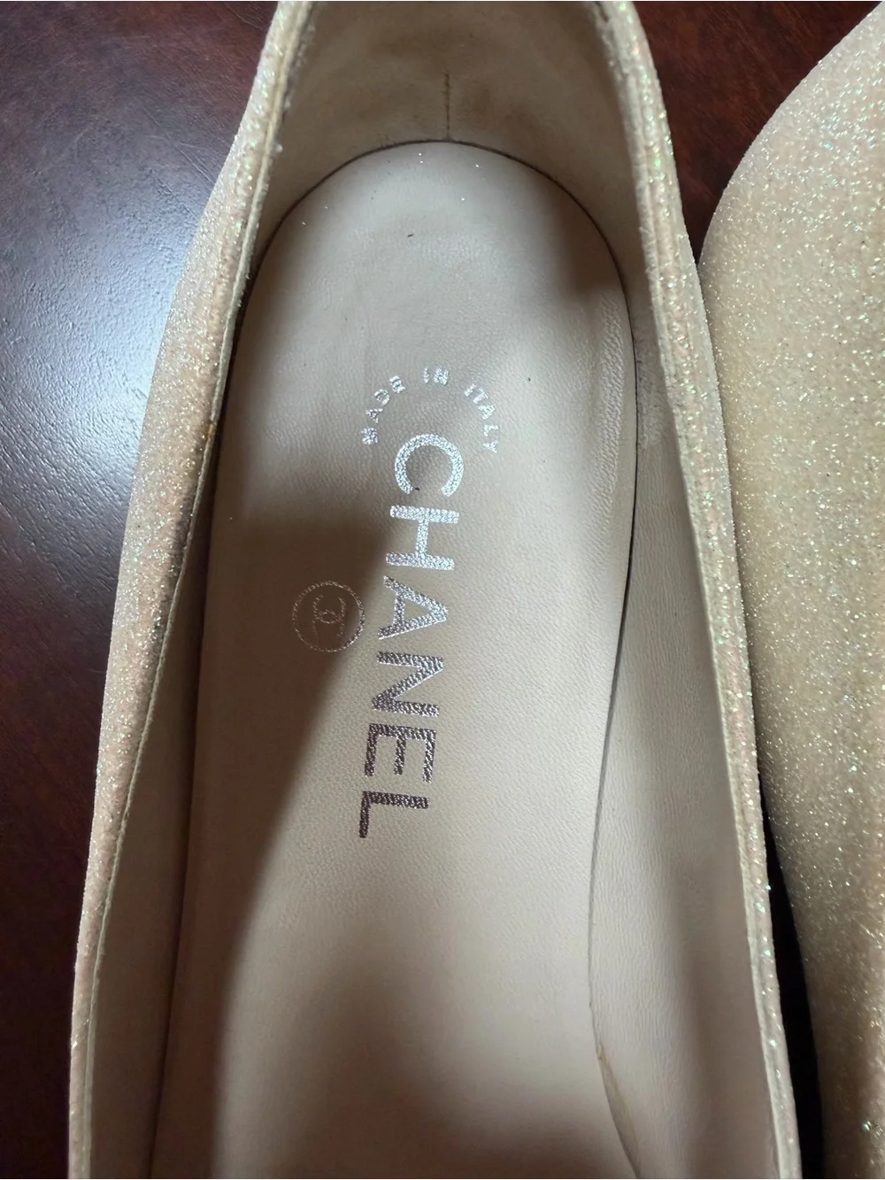 CHANEL Beige Floral Camellia Ballet Flats